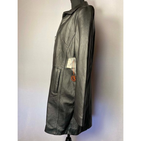 Jaclyn Smith Black Trench Coat 100% Leather Size Medium NWT - Picture 2 of 6